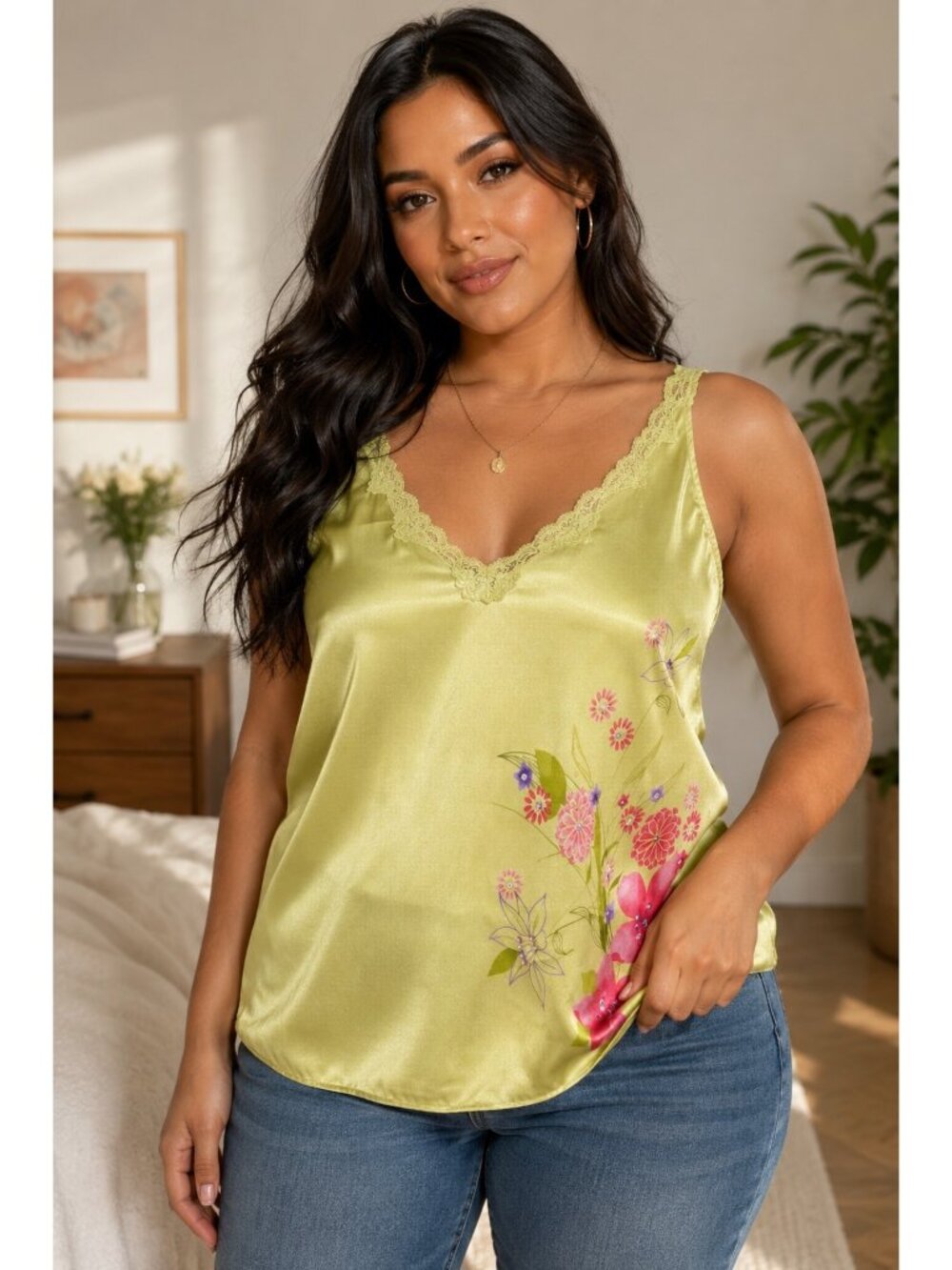 Valerie Stevens Satin Floral Cami Tank Top Lime Green Y2K Lace Women’s L